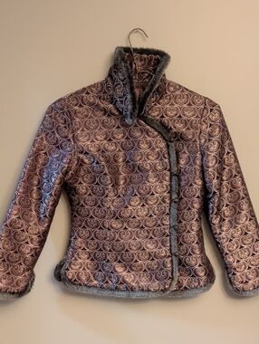 Shanghai Tang Metallic Plum Quilted Jacket with Gray Trim